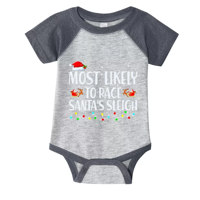 Most Likely To Race SantaS Sleigh Family Christmas Pajamas Infant Baby Jersey Bodysuit