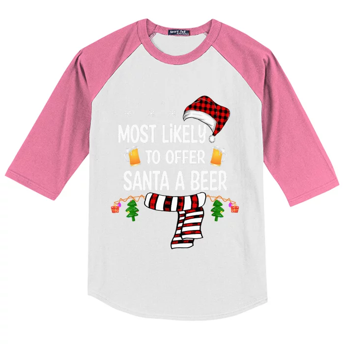 Most Likely To Offer Santa A Beer Funny Family xmas Kids Colorblock Raglan Jersey