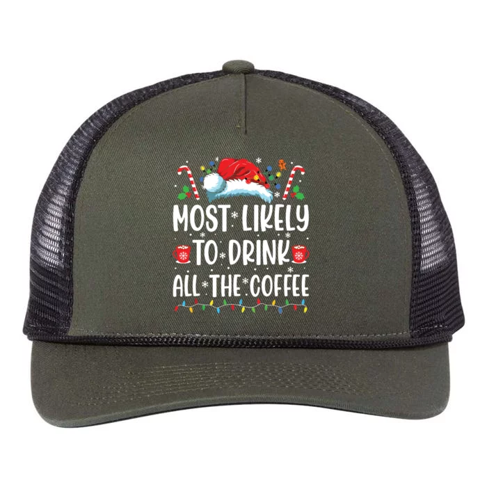 Most Likely To Drink All The Coffee Funny Family Christmas Retro Rope Trucker Hat Cap