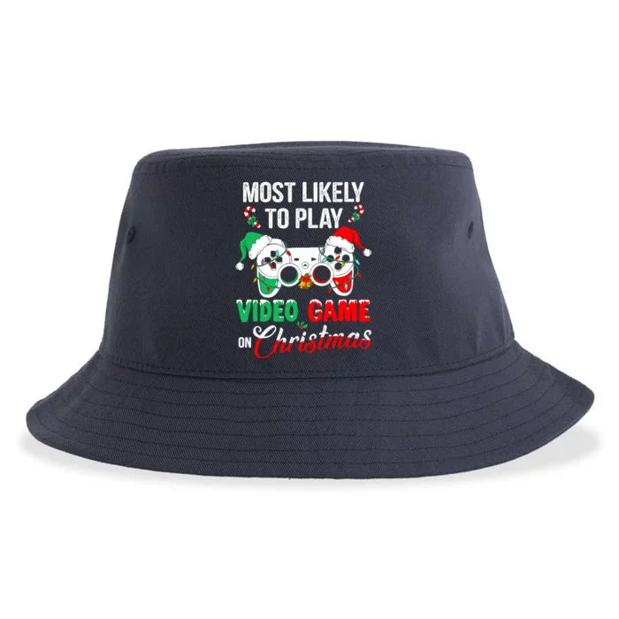 Most Likely To Play Video Game On Christmas Santa Gaming Sustainable Bucket Hat