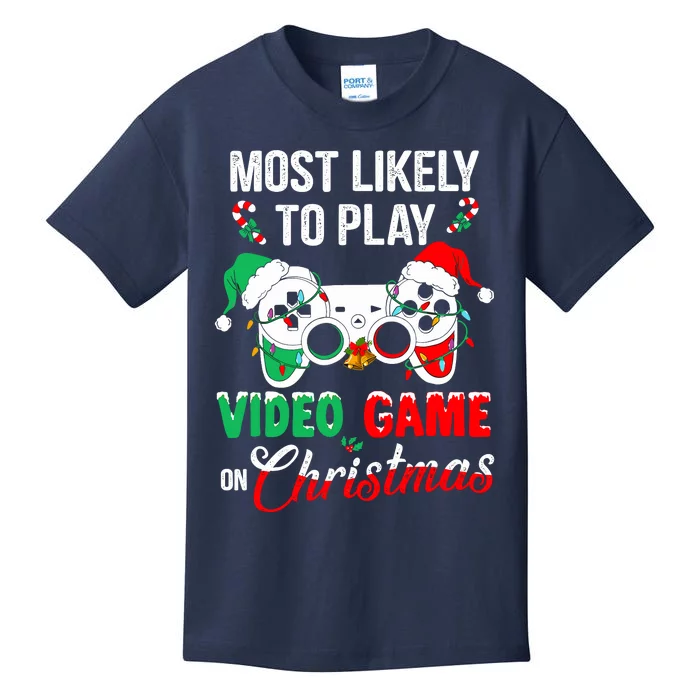 Most Likely To Play Video Game On Christmas Santa Gaming Kids T-Shirt