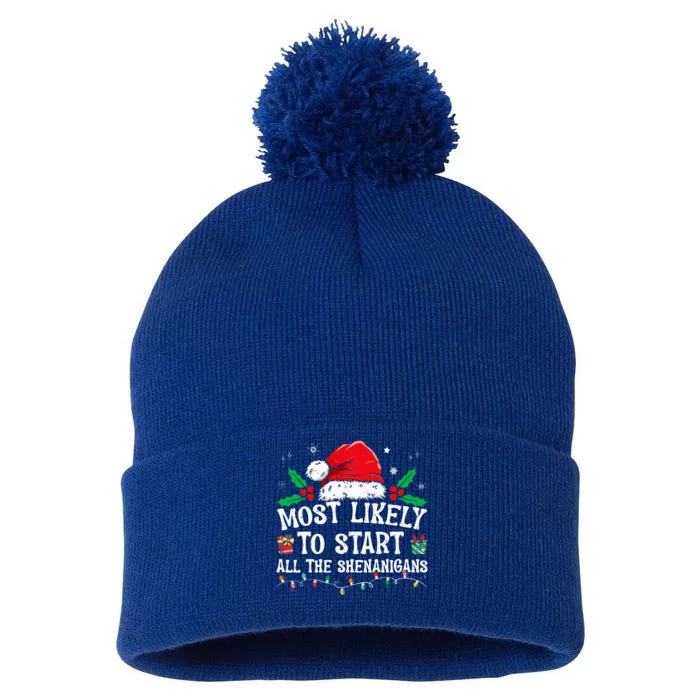 Most Likely To Start All The Shenanigans Family Xmas Holiday Pom Pom 12in Knit Beanie