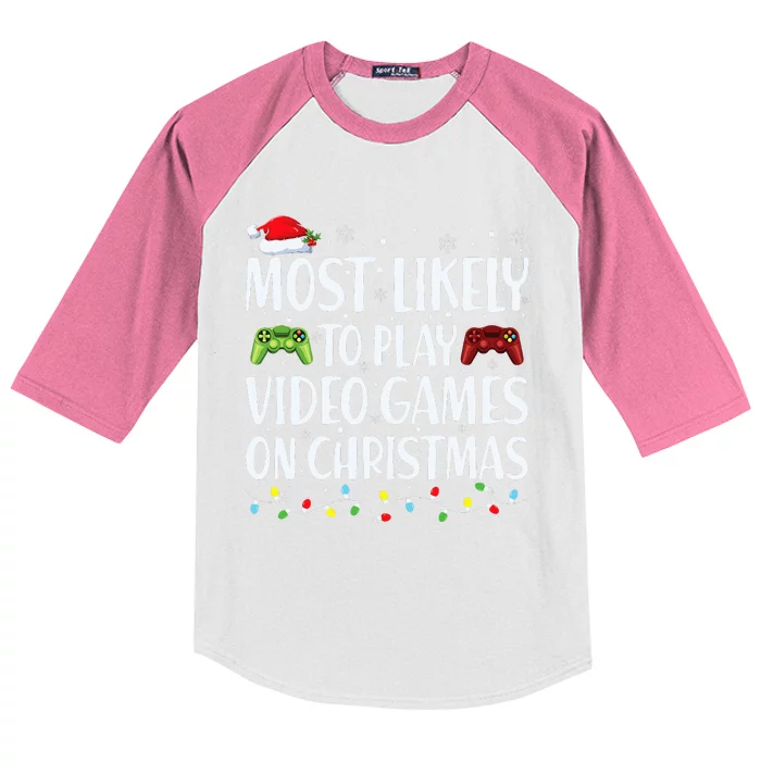 Most Likely To Play Video Game On Xmas Santa Kids Colorblock Raglan Jersey