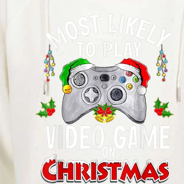 Most Likely To Play Video Games On Christmas Lights Funny Gift Womens Funnel Neck Pullover Hood