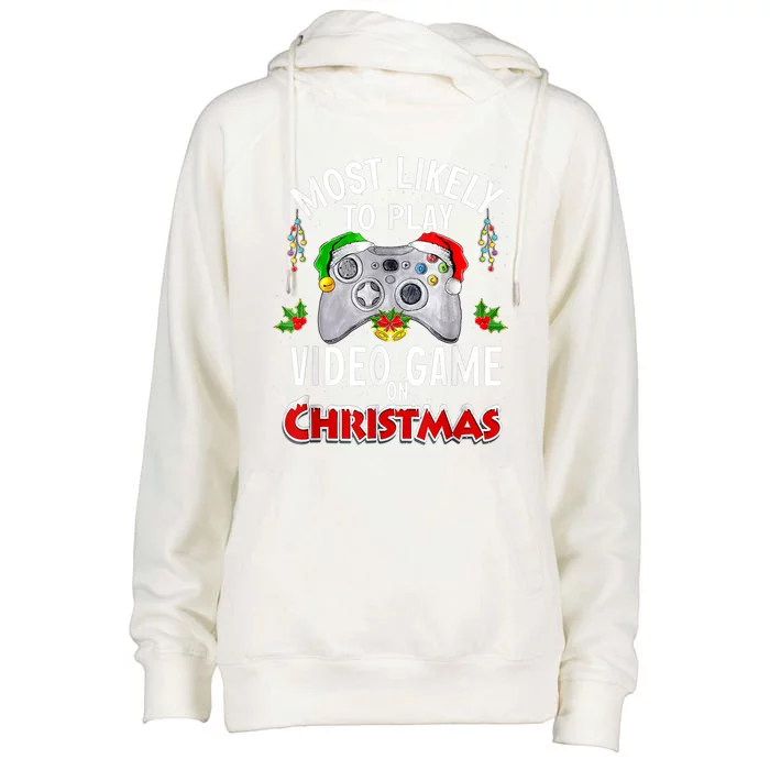 Most Likely To Play Video Games On Christmas Lights Funny Gift Womens Funnel Neck Pullover Hood