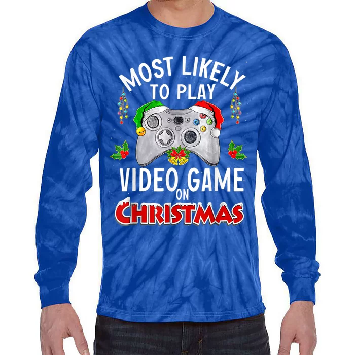 Most Likely To Play Video Games On Christmas Lights Funny Gift Tie-Dye Long Sleeve Shirt