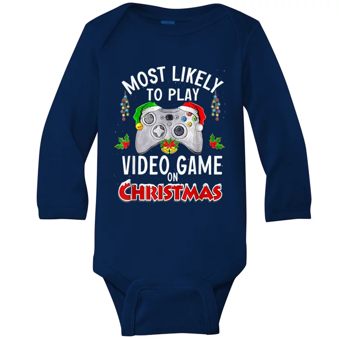 Most Likely To Play Video Games On Christmas Lights Funny Gift Baby Long Sleeve Bodysuit