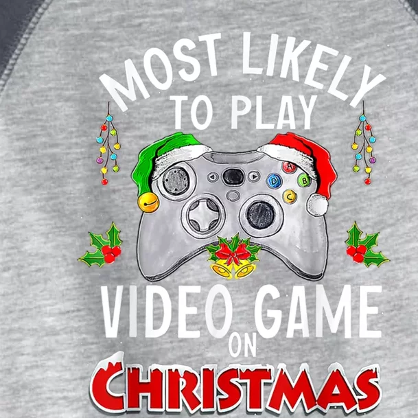 Most Likely To Play Video Games On Christmas Lights Funny Gift Toddler Fine Jersey T-Shirt