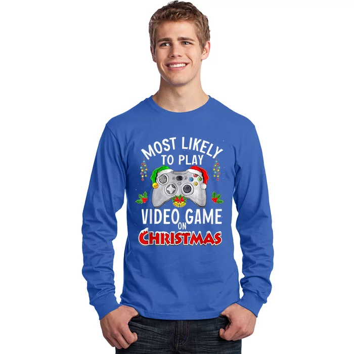 Most Likely To Play Video Games On Christmas Lights Funny Gift Long Sleeve Shirt