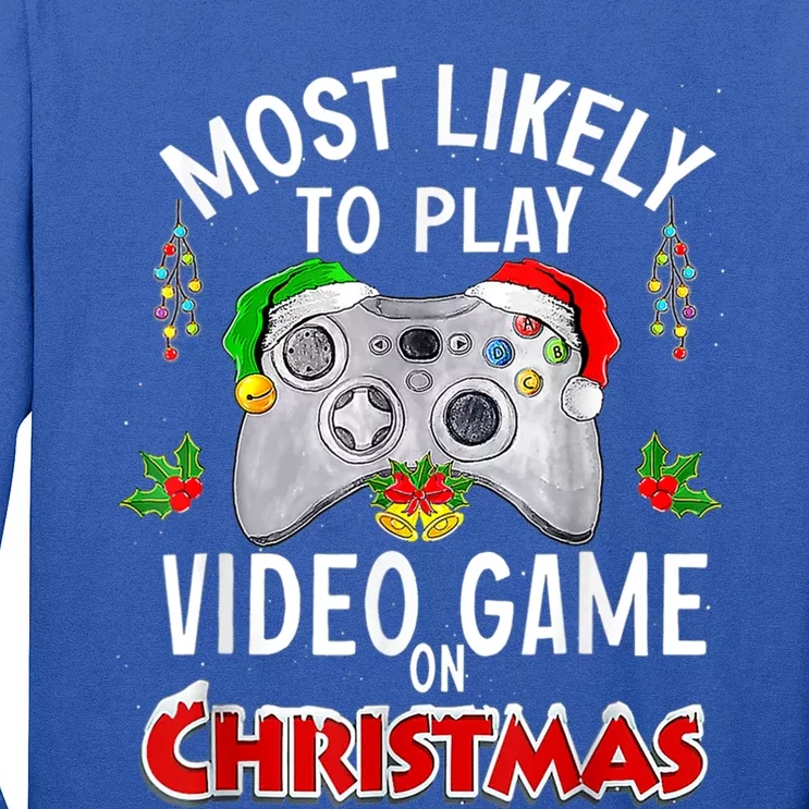 Most Likely To Play Video Games On Christmas Lights Funny Gift Long Sleeve Shirt