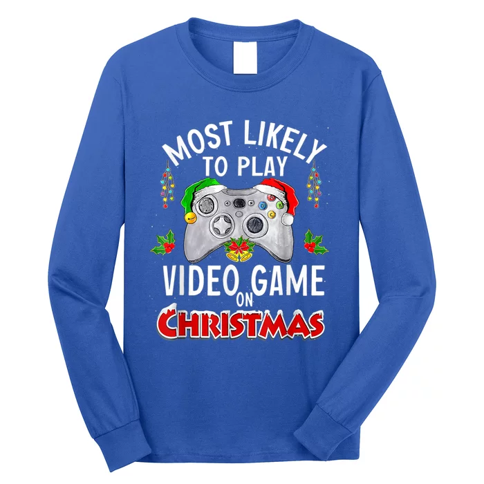 Most Likely To Play Video Games On Christmas Lights Funny Gift Long Sleeve Shirt