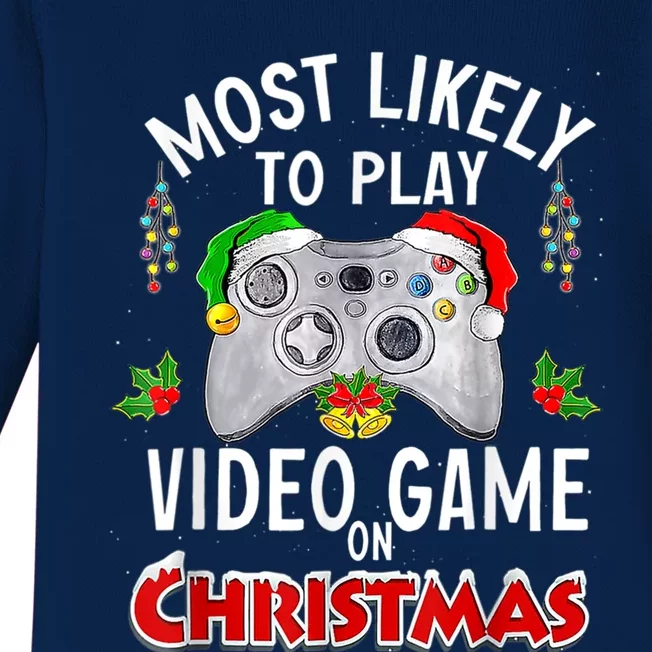 Most Likely To Play Video Games On Christmas Lights Funny Gift Baby Long Sleeve Bodysuit