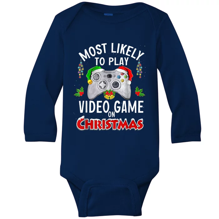 Most Likely To Play Video Games On Christmas Lights Funny Gift Baby Long Sleeve Bodysuit