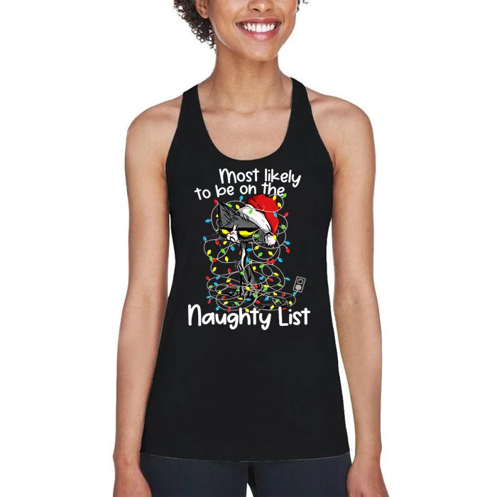 Most Likely To Be On The Naughty List Funny Cat Xmas Lights Women's Racerback Tank