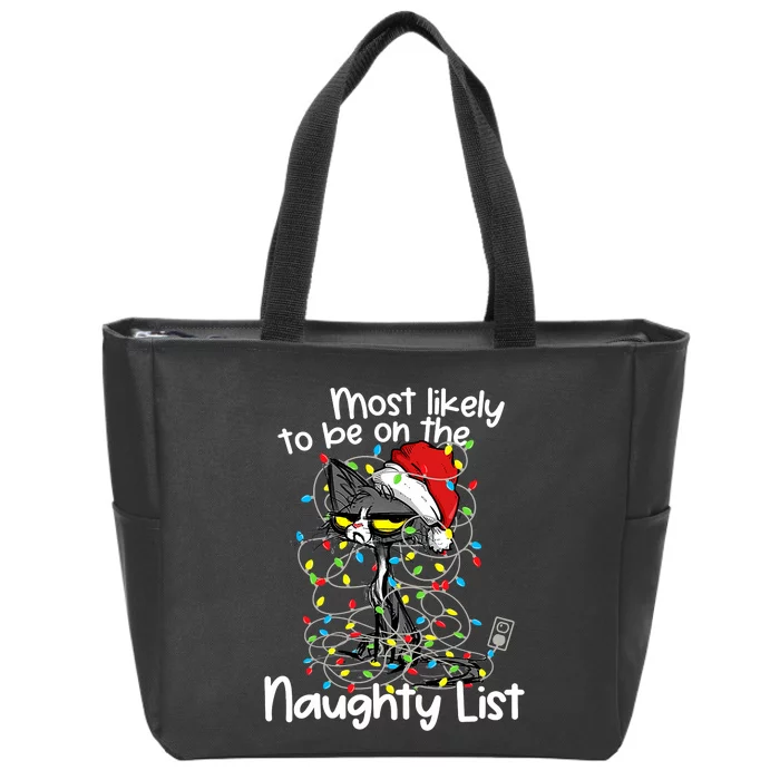 Most Likely To Be On The Naughty List Funny Cat Xmas Lights Zip Tote Bag