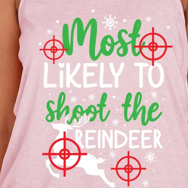 Most Likely To Shoot The Reindeer Funny Holiday Christmas Gift Women's Knotted Racerback Tank