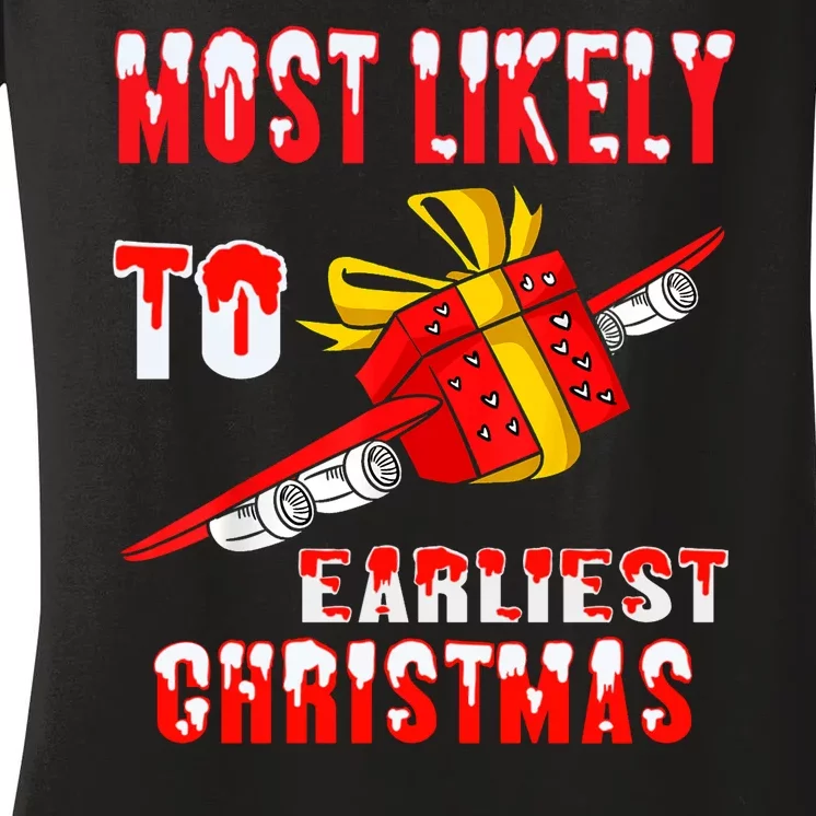 Most Likely To Gift Earliest Family Christmas Funny Women's V-Neck T-Shirt