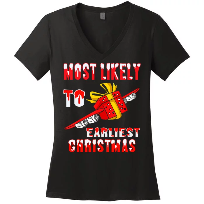 Most Likely To Gift Earliest Family Christmas Funny Women's V-Neck T-Shirt