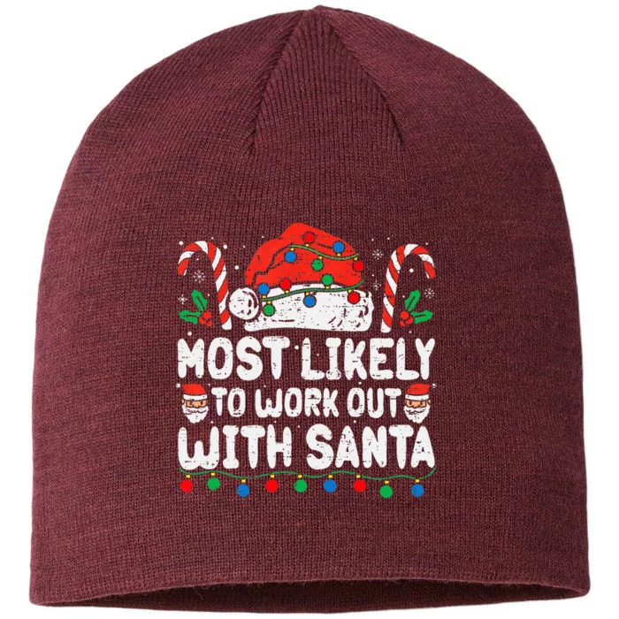 Most Likely To Work Out With Santa Christmas Xmas Funny Gym 8 1/2in Sustainable Knit Beanie