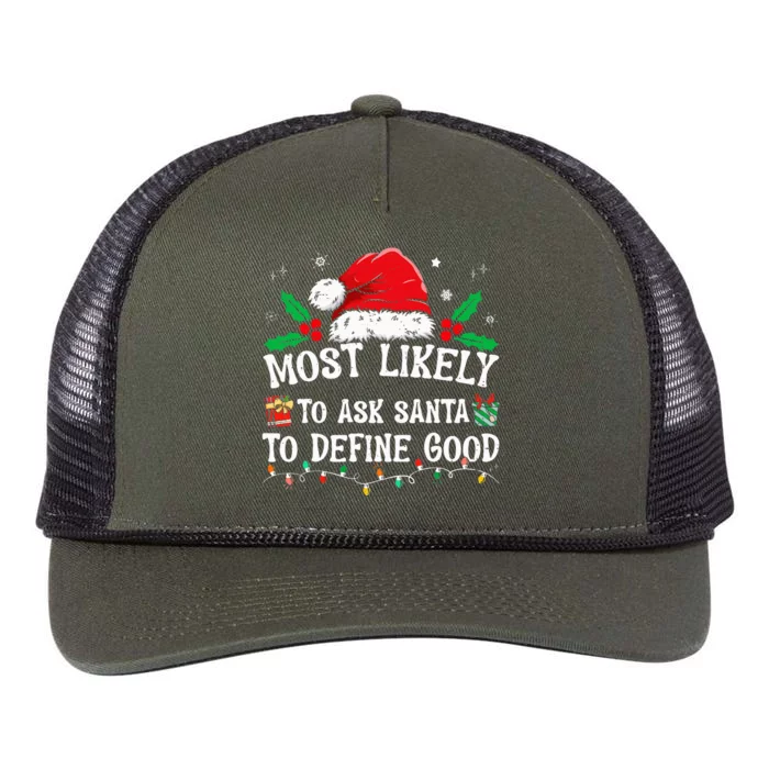 Most Likely To Ask Santa To Define Good Christmas Matching Retro Rope Trucker Hat Cap