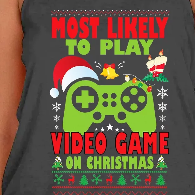 Most Likely To Play Video Game Family Matching Xmas Women's Knotted Racerback Tank