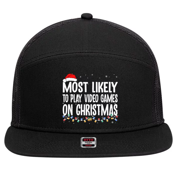 Most Likely To Play Video Games On Christmas Xmas Lights 7 Panel Mesh Trucker Snapback Hat