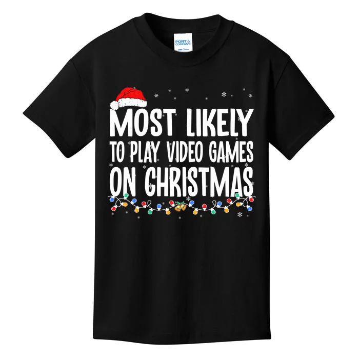 Most Likely To Play Video Games On Christmas Xmas Lights Kids T-Shirt