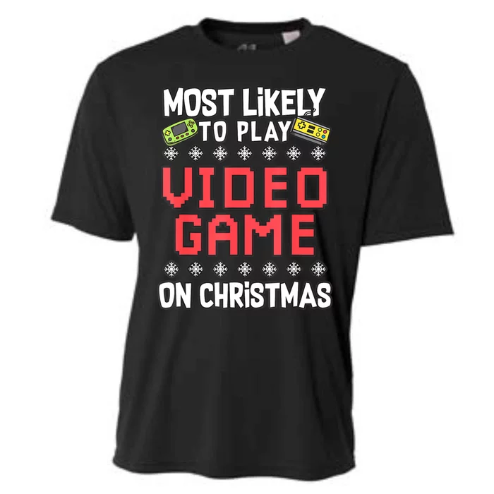 Most Likely To Play Video Games On Christmas Xmas Lights Cooling Performance Crew T-Shirt