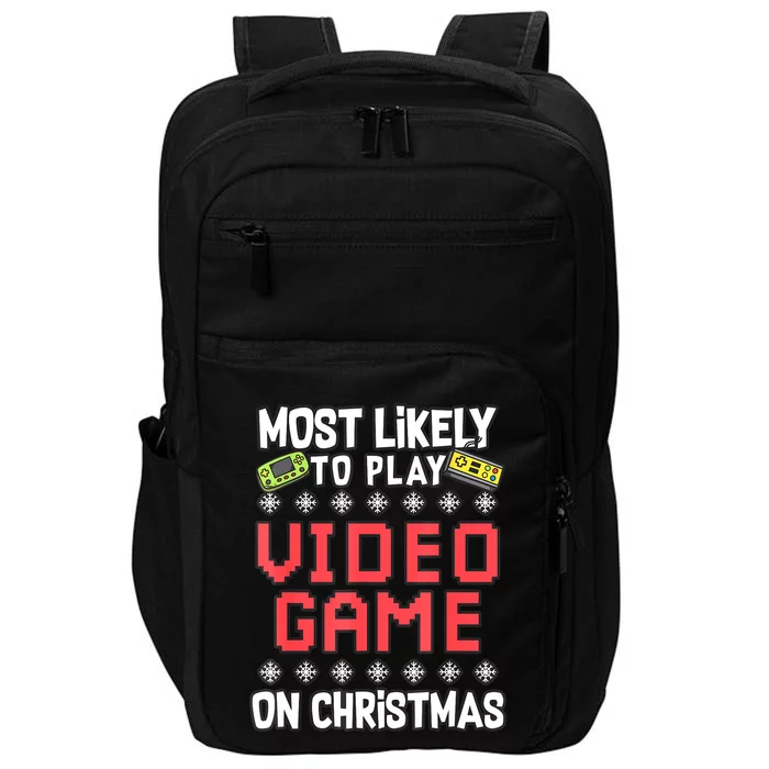 Most Likely To Play Video Games On Christmas Xmas Lights Impact Tech Backpack