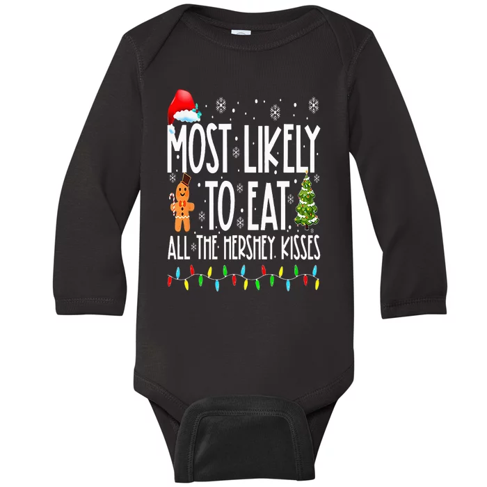 Most Likely To Eat All The Hershey Kisses Funny Xmas Lights Baby Long Sleeve Bodysuit