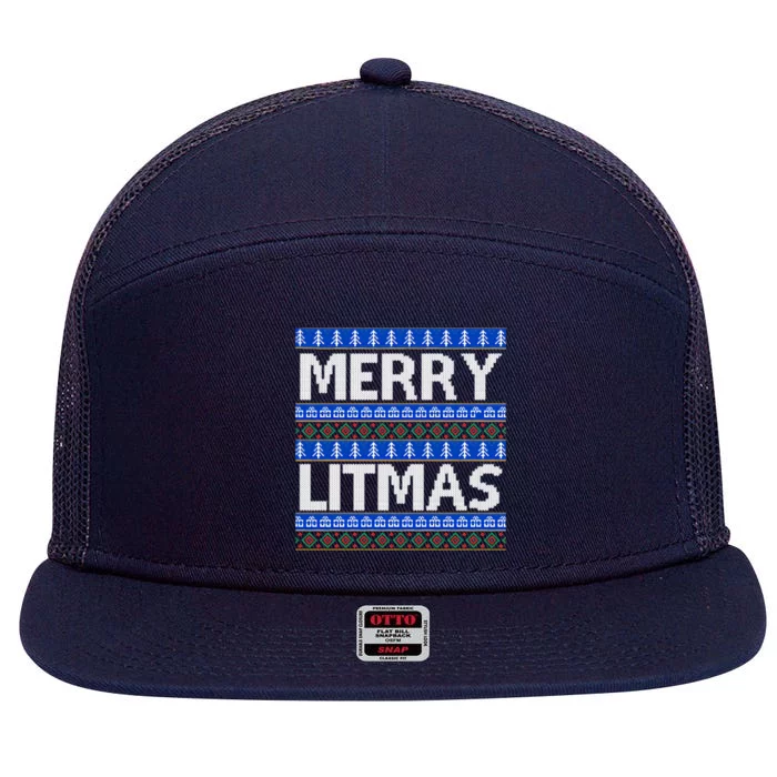 Merry Litmas Ugly Christmas 7 Panel Mesh Trucker Snapback Hat