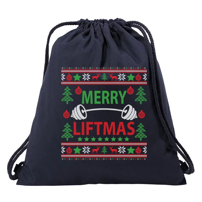 Merry Liftmas Ugly Christmas Sweater Gym Workout Gift Drawstring Bag