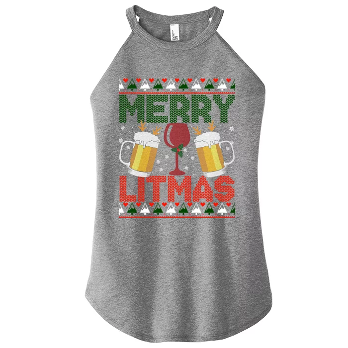 Merry Litmas Ugly Wine Beer Christmas Ugly Xmas Sweater Gift Women’s Perfect Tri Rocker Tank