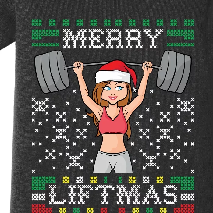 Merry Liftmas Ugly Christmas Sweater Miss Santa Gym Workout Baby Bodysuit