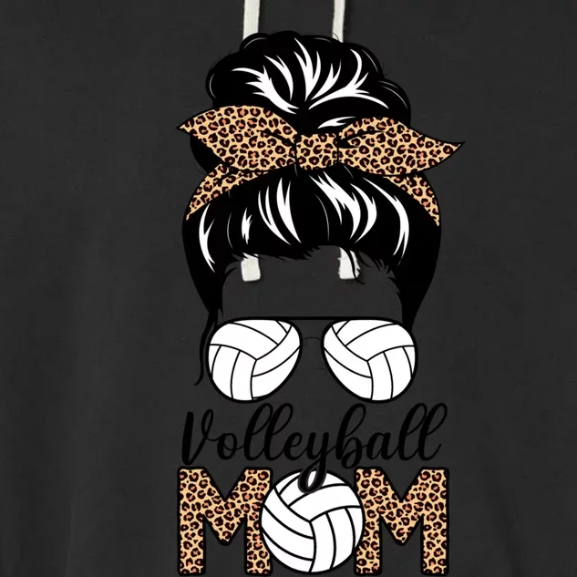 Mom Life Volleyball Messy Bun Hair Leopard Print Volleyball Gift Garment-Dyed Fleece Hoodie