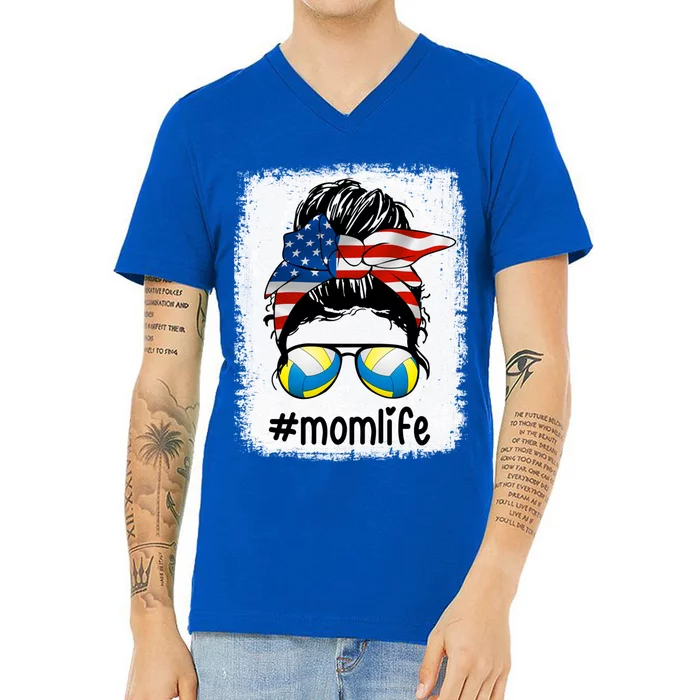 Mom Life Volleyball Mom American Flag Messy Bun Gift V-Neck T-Shirt