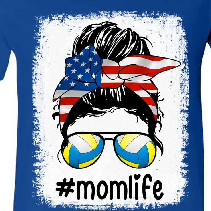 Mom Life Volleyball Mom American Flag Messy Bun Gift V-Neck T-Shirt