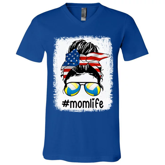 Mom Life Volleyball Mom American Flag Messy Bun Gift V-Neck T-Shirt