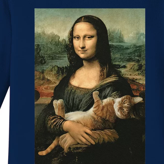 Mona Lisa With Orange Cat Funny Art Painting Baby Long Sleeve Bodysuit