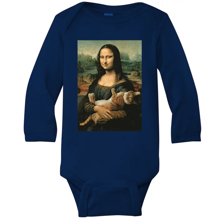 Mona Lisa With Orange Cat Funny Art Painting Baby Long Sleeve Bodysuit