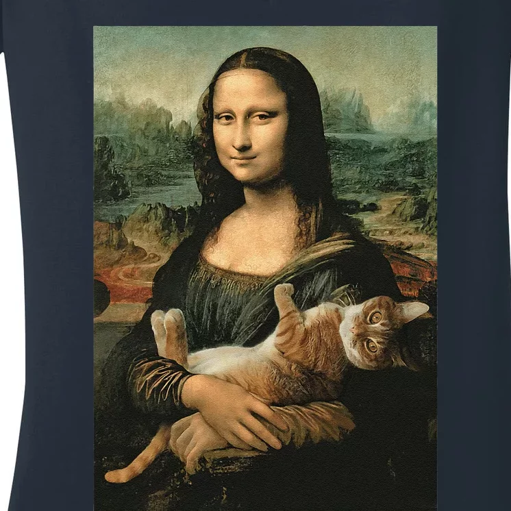 Mona Lisa With Orange Cat Funny Art Painting Women's V-Neck T-Shirt