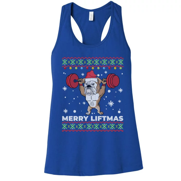 Merry Liftmas Weightlifting And English Bulldog Ugly Sweater Great Gift Women's Racerback Tank