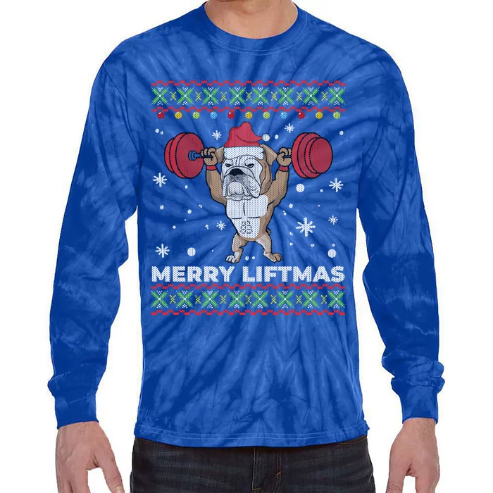 Merry Liftmas Weightlifting And English Bulldog Ugly Sweater Great Gift Tie-Dye Long Sleeve Shirt