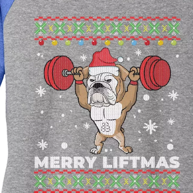 Merry Liftmas Weightlifting And English Bulldog Ugly Sweater Great Gift Women's Tri-Blend 3/4-Sleeve Raglan Shirt