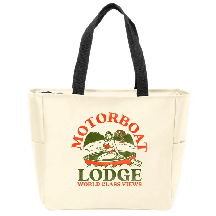 Motorboat Lodge World Class Views. Funny Retro Canoe Pinup Zip Tote Bag