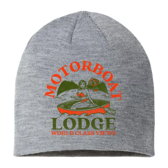 Motorboat Lodge World Class Views. Funny Retro Canoe Pinup 8 1/2in Sustainable Knit Beanie