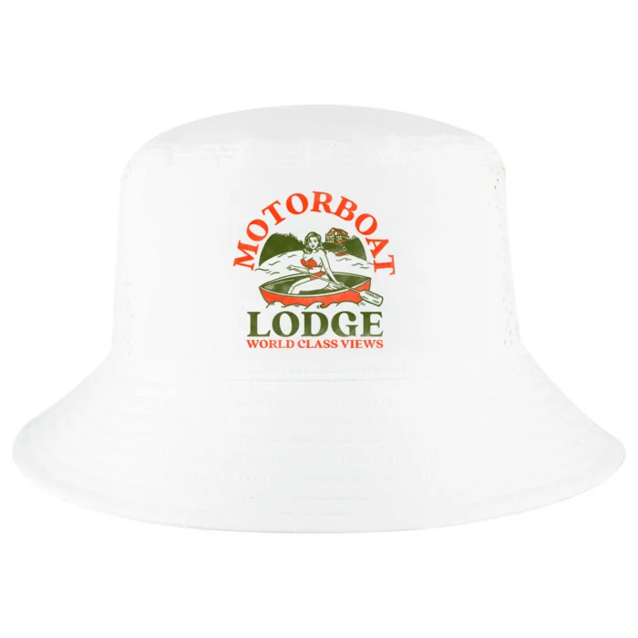 Motorboat Lodge World Class Views. Funny Retro Canoe Pinup Cool Comfort Performance Bucket Hat