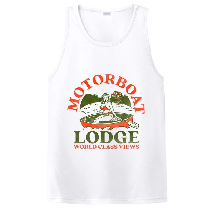 Motorboat Lodge World Class Views. Funny Retro Canoe Pinup Performance Tank