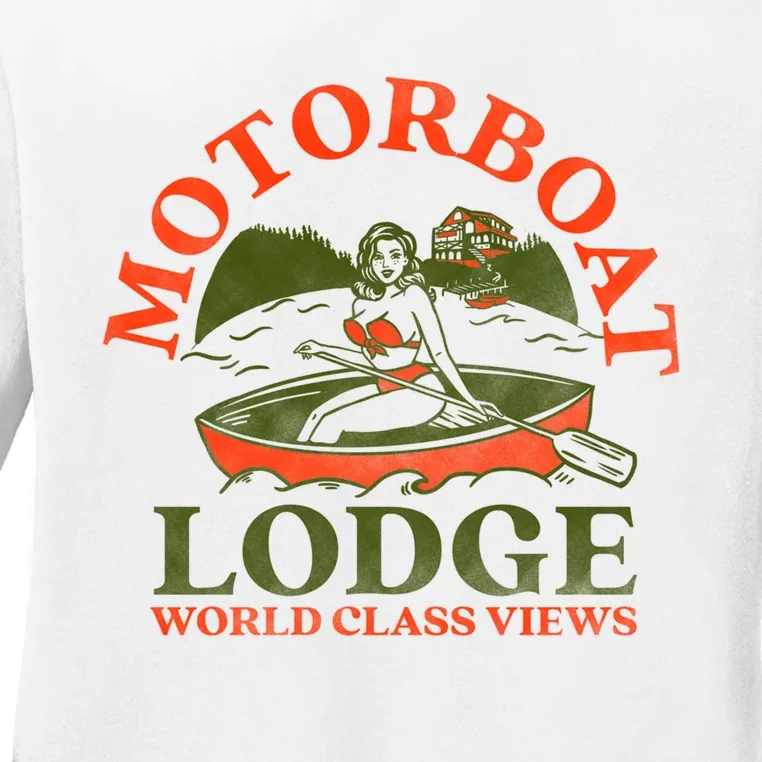 Motorboat Lodge World Class Views. Funny Retro Canoe Pinup Ladies Long Sleeve Shirt