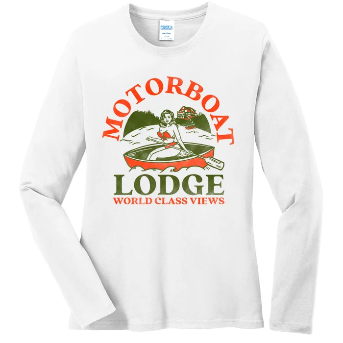 Motorboat Lodge World Class Views. Funny Retro Canoe Pinup Ladies Long Sleeve Shirt